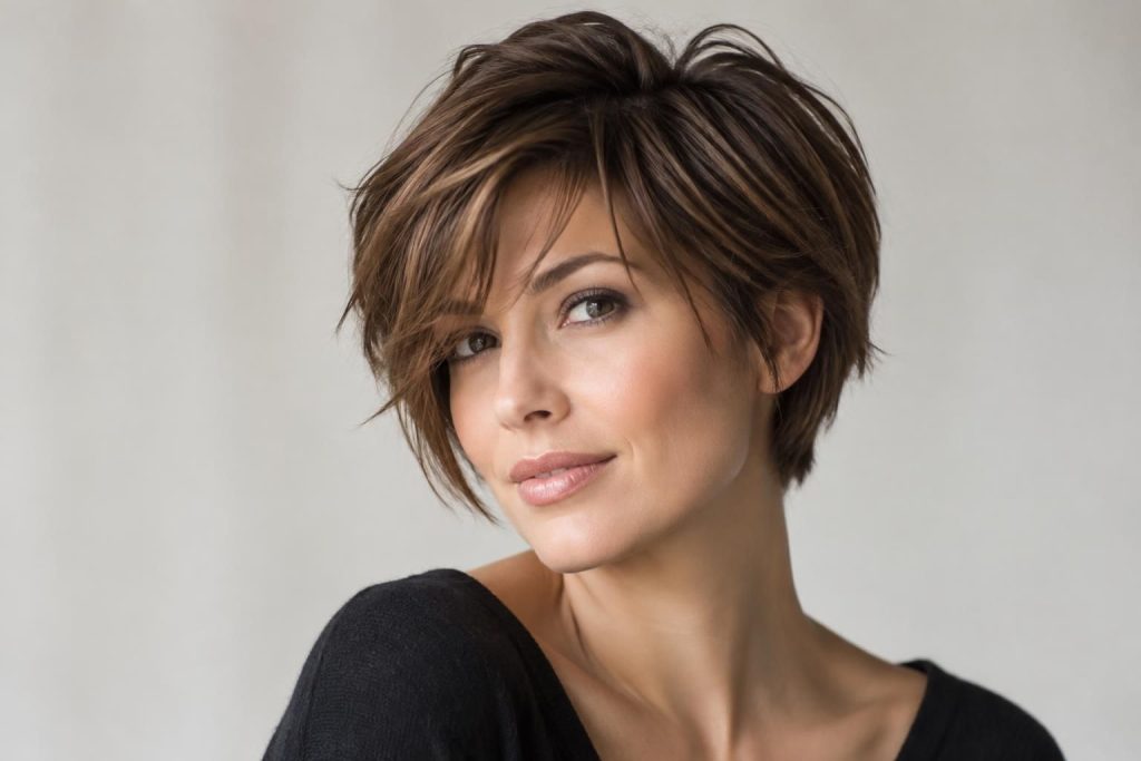 découvrez la frange dégradée effilée sur le côté, une coupe courte tendance qui apporte du mouvement et sublime le visage.